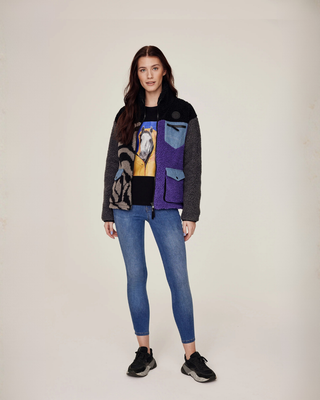 Full body outfit featuring the black horsie t-shirt, lilac and zebra teddy jacket, and original denim breeches.