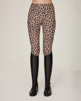 Front view of the Leo riding breeches highlighting the supportive high waistband and technical leopard print fabric.